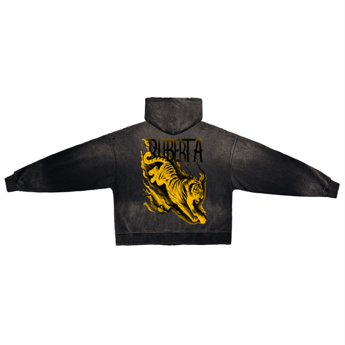 Yellow Electric Tiger Post-Apocalyptic Pure Cotton Hand-Frayed Washed Zip Hoodie