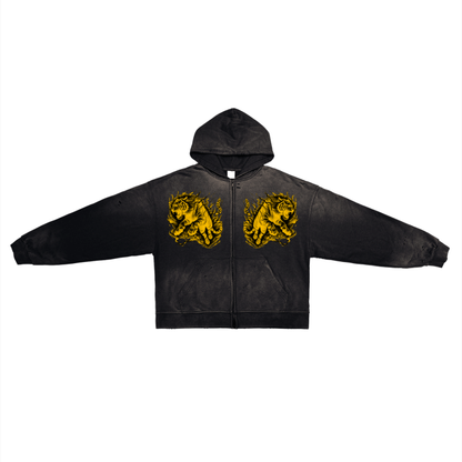 Yellow Electric Tiger Post-Apocalyptic Pure Cotton Hand-Frayed Washed Zip Hoodie